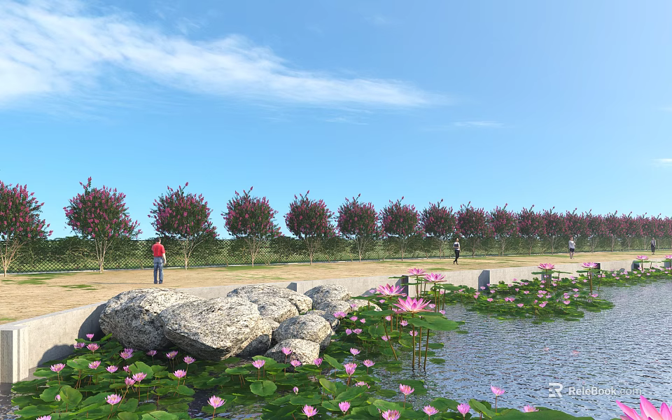 Beautiful Lakeside Scenery With Lotus Flowers Green Trees People And Blue Sky 3d model 