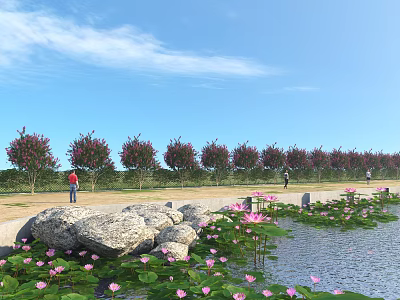 Beautiful Lakeside Scenery With Lotus Flowers Green Trees People And Blue Sky 3d model