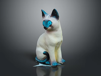 Siamese Cat Figurine With White Body Blue Eyes Ears Tail Paws Sitting On Black Background 3d model