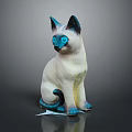 Siamese Cat Figurine With White Body Blue Eyes Ears Tail Paws Sitting On Black Background