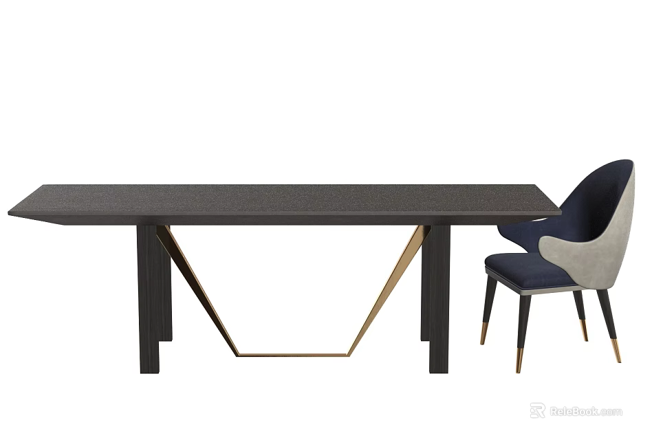 Modern Dining Table With Black Top Gold Geometric Legs And Navy Gray Chair 3d model 
