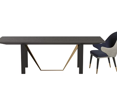 Modern Dining Table With Black Top Gold Geometric Legs And Navy Gray Chair 3d model