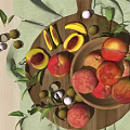 Fresh Whole and Sliced Peaches with Green Leaves on Wooden Table and Linen Cloth