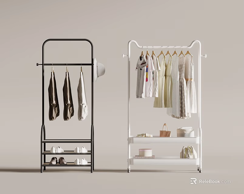 Black and White Clothes Racks with Coats Dresses Shoes and Bags Storage 3d model 