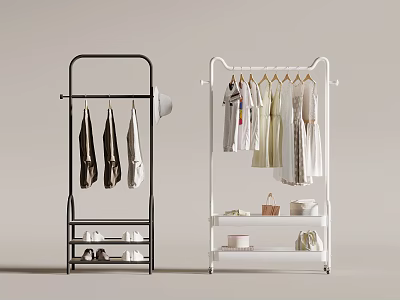Black and White Clothes Racks with Coats Dresses Shoes and Bags Storage 3d model
