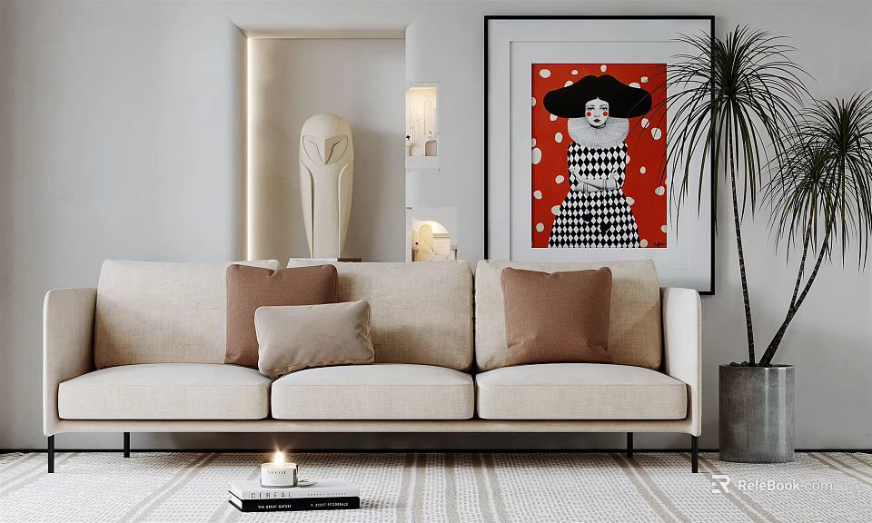 Beige Three Seater Sofa with Brown Cushions Red Painting Potted Plant and Candle on Rug 3d model 