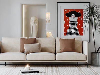 Beige Three Seater Sofa with Brown Cushions Red Painting Potted Plant and Candle on Rug 3d model