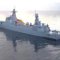 Gray Warship Sailing on Calm Blue Sea With Radar Antennas and Superstructure