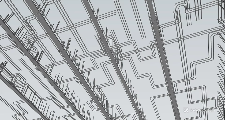 Ceiling Pipes Interconnected Layout With Structural Support Frames And Lines 3d model 