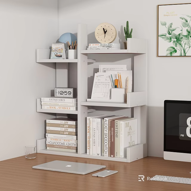White Shelving Unit With Books Clock Potted Plant And Stationery Items 3d model 