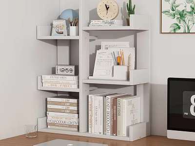 White Shelving Unit With Books Clock Potted Plant And Stationery Items 3d model