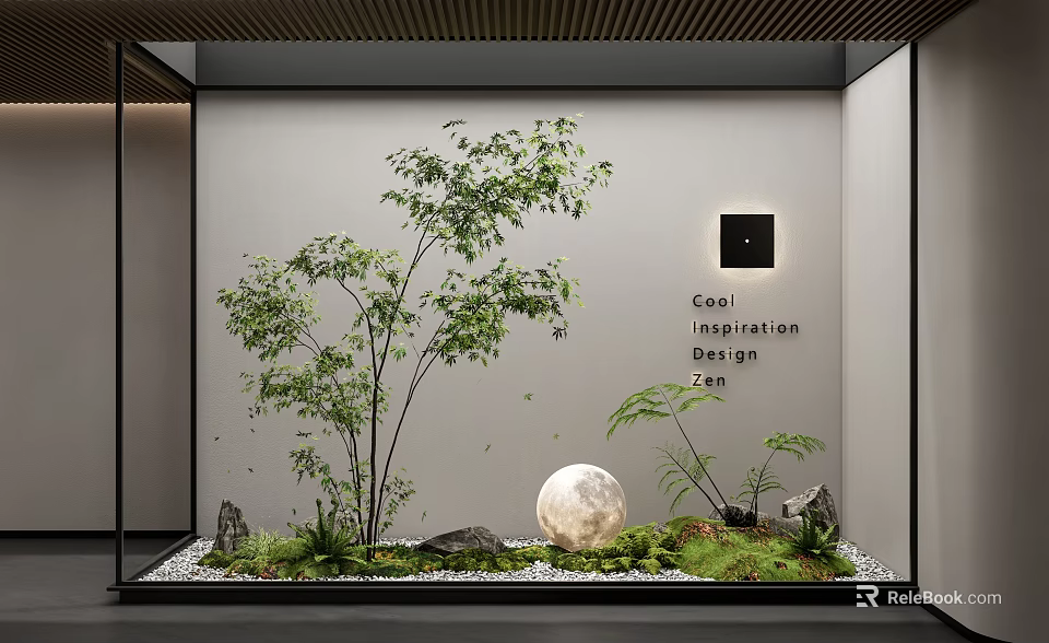 Mini Garden Landscape Design With Green Trees Moon Decoration Stones And Grass 3d model 
