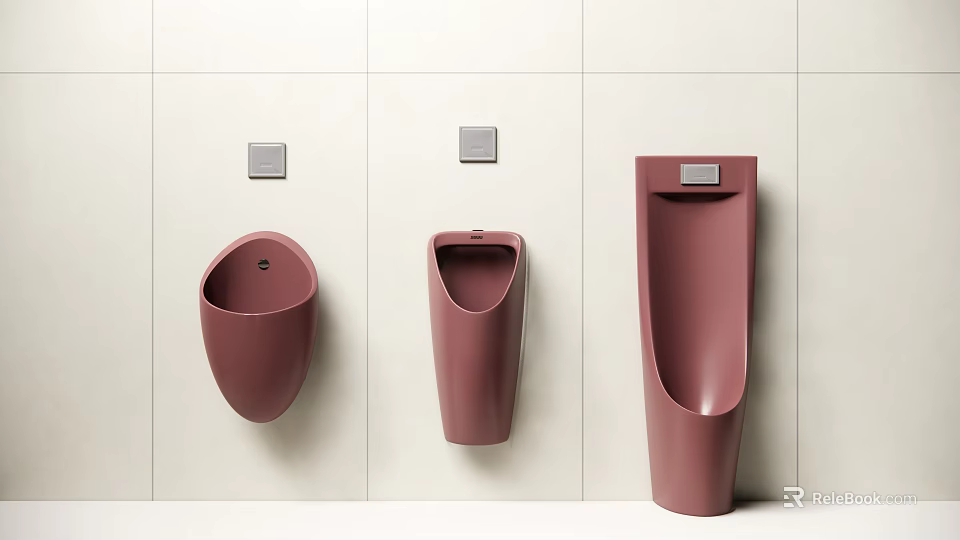 Pink Wall Mounted Urinals With Different Modern Designs In Bathroom 3d model 