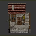 Small House Model With Red Tiled Roof Stone Walls Green Striped Awning And Wooden Door