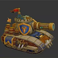 Cartoon Style Military Vehicle Tank With Red Flag Blue Top Golden Shield Barrels Flame Decorations