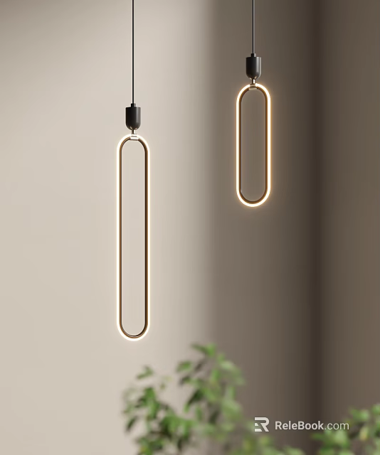 Modern Long Linear Pendant Lights with Golden Frame Hanging in Neutral Room and Green Plant 3d model 