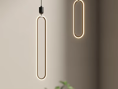 Modern Long Linear Pendant Lights with Golden Frame Hanging in Neutral Room and Green Plant 3d model