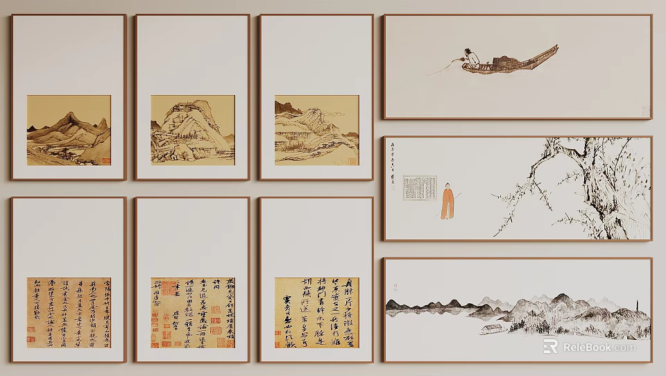 Traditional Chinese Landscape Paintings Framed Collection With Mountain Water And Boat Scenery 3d model 