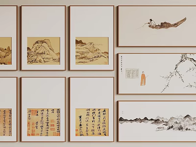 Traditional Chinese Landscape Paintings Framed Collection With Mountain Water And Boat Scenery 3d model