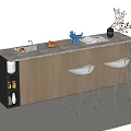 Modern Bar Counter With Sleek Countertop Fresh Fruits Blue Decor Potted Plant And White Stools