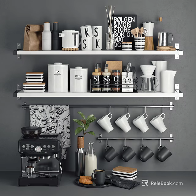Organized Modern Kitchenware Display On Shelves With Hanging Mugs Jars And Coffee Machine 3d model 