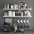 Organized Modern Kitchenware Display On Shelves With Hanging Mugs Jars And Coffee Machine