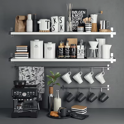 Organized Modern Kitchenware Display On Shelves With Hanging Mugs Jars And Coffee Machine 3d model