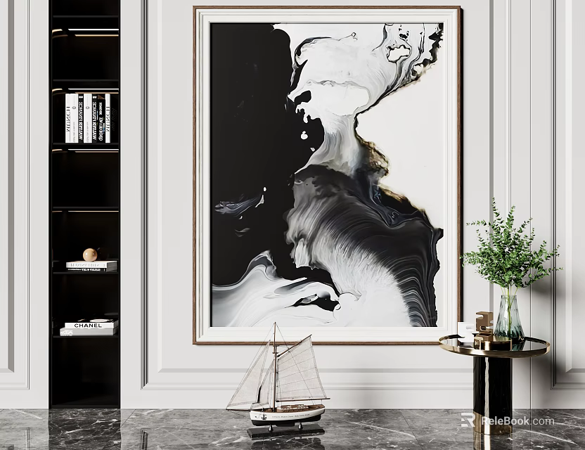Modern Interior With Black White Marble Abstract Painting Bookshelf Gold Table Green Plant And Sailboat Model 3d model 