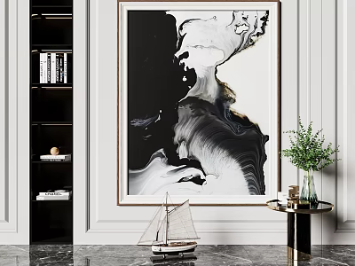 Modern Interior With Black White Marble Abstract Painting Bookshelf Gold Table Green Plant And Sailboat Model 3d model