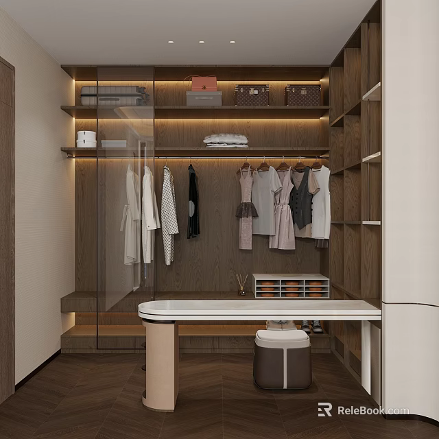 Modern Walk in Closet Interior With Wooden Cabinets Glass Doors Hanging Clothes And White Countertop 3d model 
