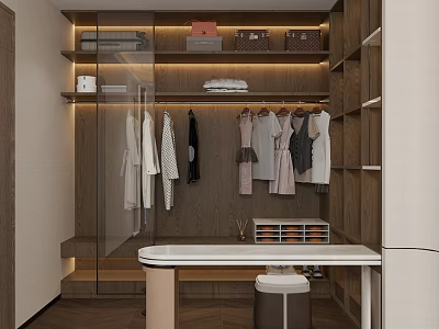 Modern Walk in Closet Interior With Wooden Cabinets Glass Doors Hanging Clothes And White Countertop 3d model