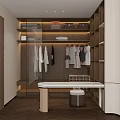 Modern Walk in Closet Interior With Wooden Cabinets Glass Doors Hanging Clothes And White Countertop