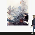 Modern Abstract Painting with Blue Black Red Hues on White Gallery Wall