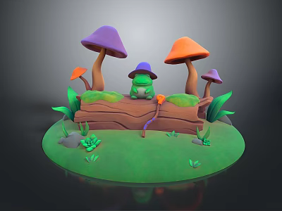 Cute Frog Sitting on Wooden Log Surrounded by Colorful Mushrooms Green Grass and Leaves 3d model