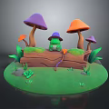 Cute Frog Sitting on Wooden Log Surrounded by Colorful Mushrooms Green Grass and Leaves