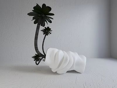 White Curved Vase With Black Tropical Palm Like Plants In Modern Minimalist Interior 3d model