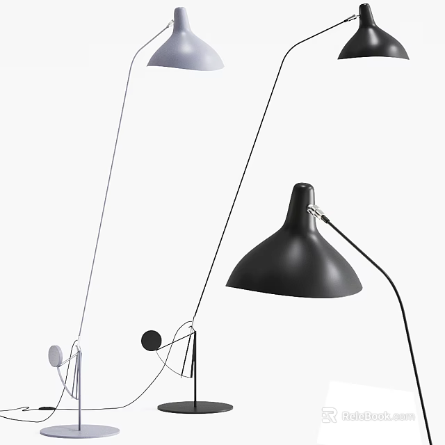Modern Black and Silver Floor Lamps with Conical Shades and Sleek Adjustable Arms 3d model 