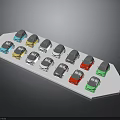 Colorful toy cars in various colors arranged on white display stand