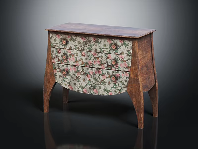 Vintage Floral Pattern Wooden Console Cabinet With Curved Legs And Drawers 3d model