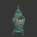Carved Decorative Vase With Colorful Floral Patterns Ornate Lid And Wooden Base