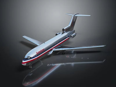 American Airlines Airplane Model With Silver Body Red Details Modern Design And Reflection 3d model