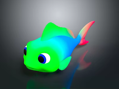 Colorful Cartoon Fish with Big Eyes Green Body Pink Tail on Dark Background with Reflection 3d model