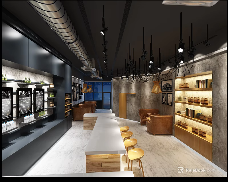 Modern Industrial Cafe Interior Design With Open Layout Bar Counter Seating And Shelves 3d model 