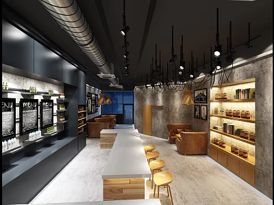 Modern Industrial Cafe Interior Design With Open Layout Bar Counter Seating And Shelves 3d model