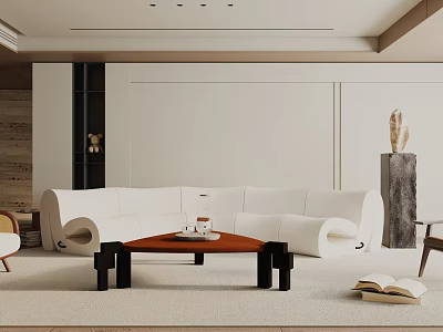 Modern Living Room Interior Design With White Sofa Wooden Coffee Table And Beige Carpet 3d model
