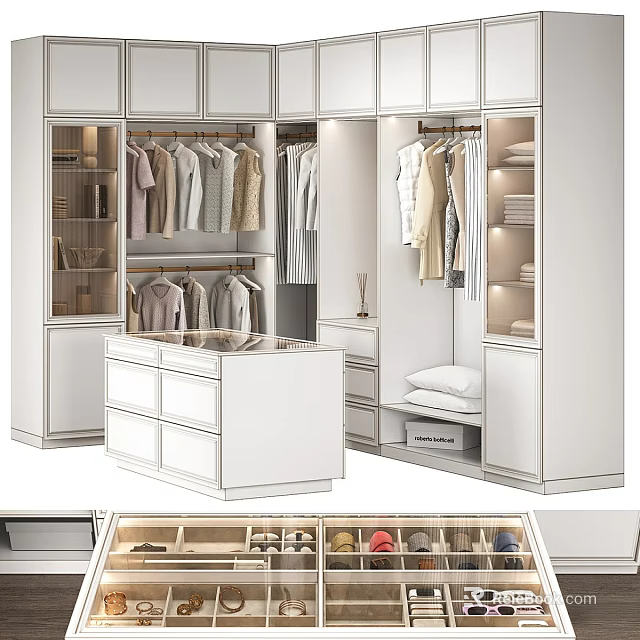 Modern White Walk-in Closet Interior Design With Hanging Clothes Drawers And Storage Areas 3d model 