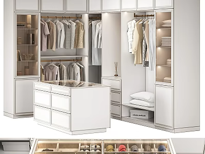 Modern White Walk-in Closet Interior Design With Hanging Clothes Drawers And Storage Areas 3d model