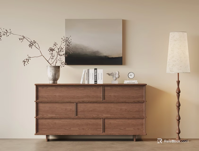 Modern Wooden Entryway Console Table With Vase Branches Books Clock And Hanging Wall Art 3d model 