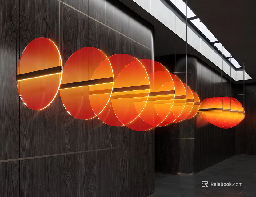 Modern Interior Design With Unique Shape Orange Circular Pendant Lights Arranged In Row 3d model 