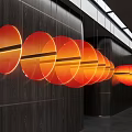 Modern Interior Design With Unique Shape Orange Circular Pendant Lights Arranged In Row